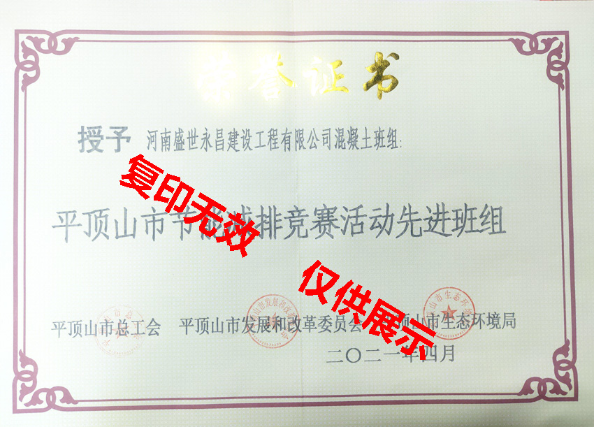 2021年平頂山市節(jié)能減排先進(jìn)班組榮譽(yù)證書